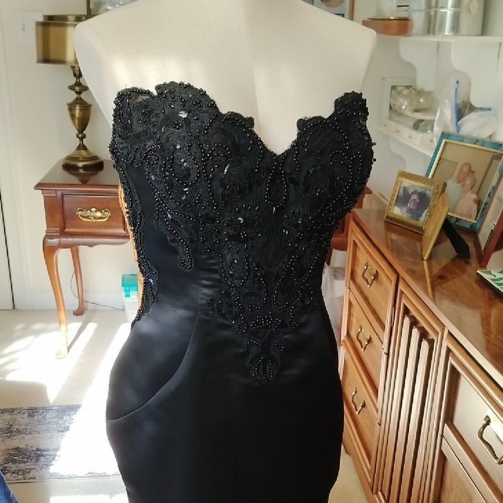 Strapless Black Beaded Lace Evening Dress